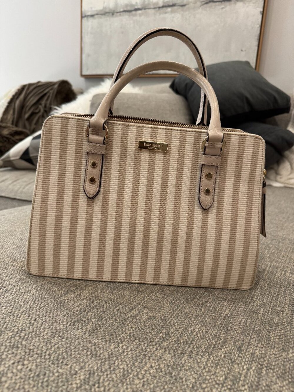 Kate Spade Lise Mulberry Satchel Beige Stripe Canvas Leather Top Handle Bag